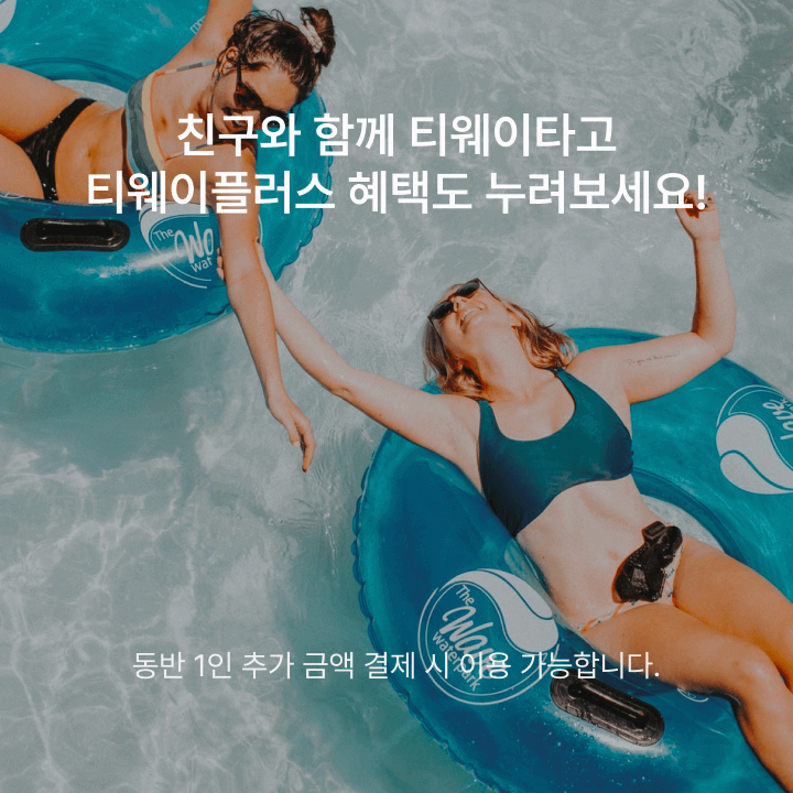 친구와 함께 티웨이타고 티웨이플러스 혜택도 누려보세요! * 동반 1인 추가 금액 결제 시 이용 가능합니다.